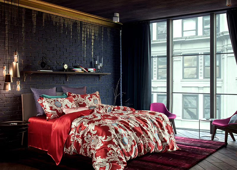16 Momme Red Phoenix Printed Silk Bedding Set - image 1