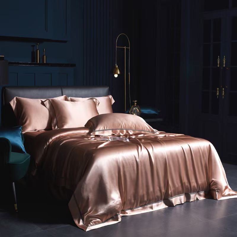 Sweet Pink 25 Momme lace silk bedding set