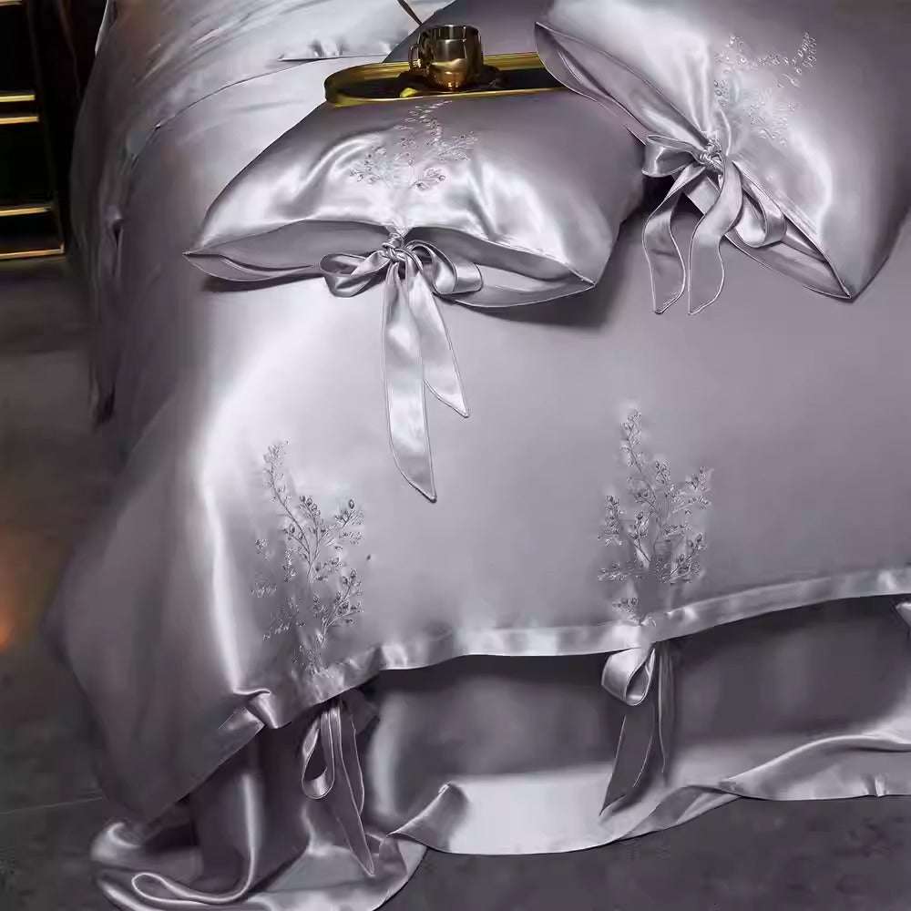 SUYUEAT - Embroidered 30 Momme Full Silk Set 4pcs, Silver Gray