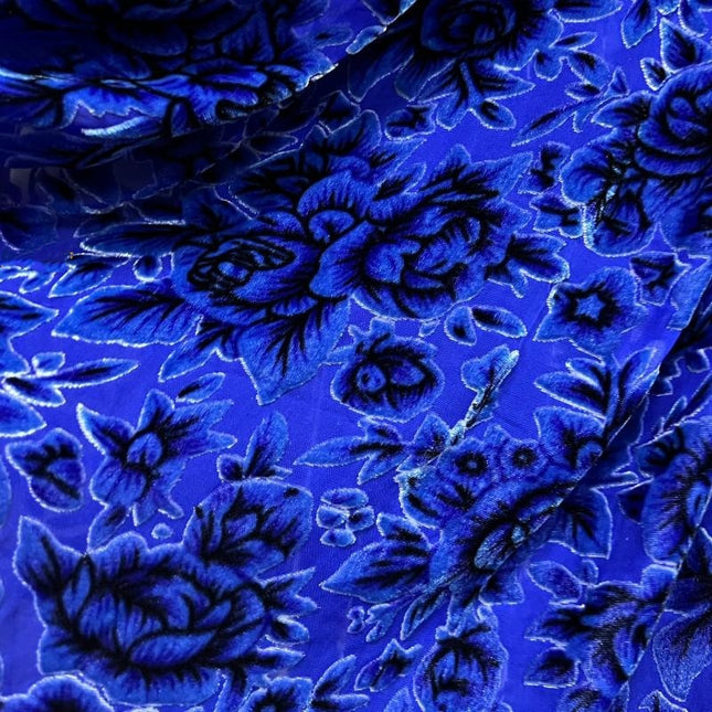 BLSMUD - Luxurious Blooming Peony Pattern Semi-sheer with a Draping Effect Sheer Burnout Silk Velvet Satin Fabric - 114cm wide by the Yard