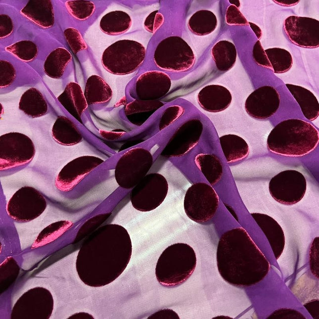 BODIAZ - Hepburn-style Purple Polka Dots Semi-sheer with a Draping Effect Sheer Burnout Silk Velvet Satin Fabric - 120cm wide by the Yard