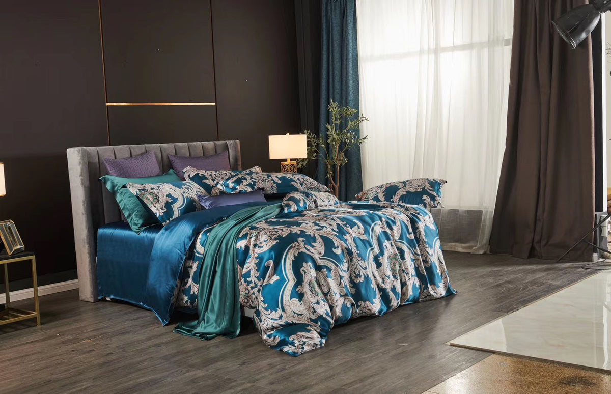16 Momme Blue Phoenix Printed Silk Bedding Set - image 1