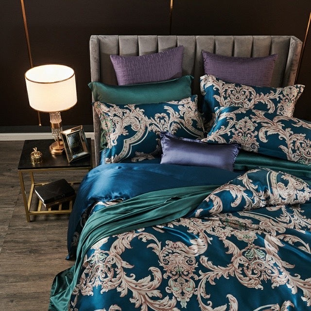 16 Momme Blue Phoenix Printed Silk Bedding Set - image 4