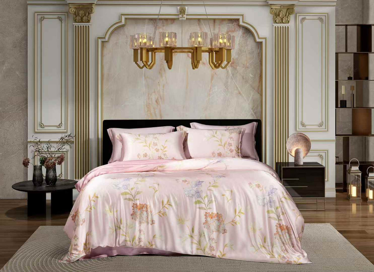 16 Momme Pink Blossom Printed Silk Bedding Set - image 1