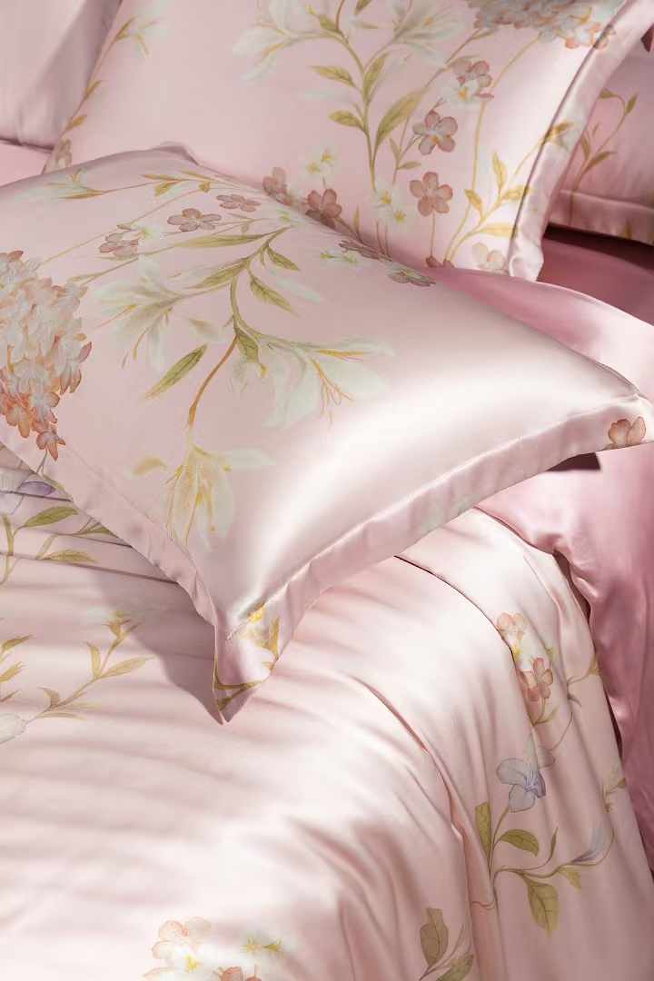 16 Momme Pink Blossom Printed Silk Bedding Set - image 3