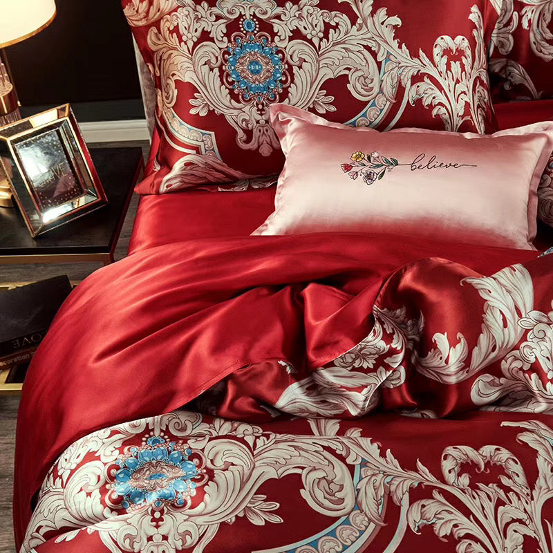 16 Momme Red Phoenix Printed Silk Bedding Set - image 2