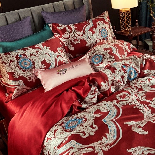 16 Momme Red Phoenix Printed Silk Bedding Set - image 3