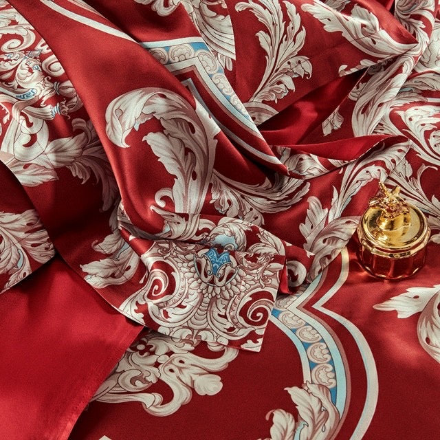 16 Momme Red Phoenix Printed Silk Bedding Set - image 4