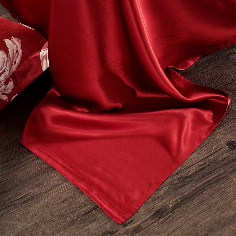 16 Momme Red Phoenix Printed Silk Bedding Set - image 6