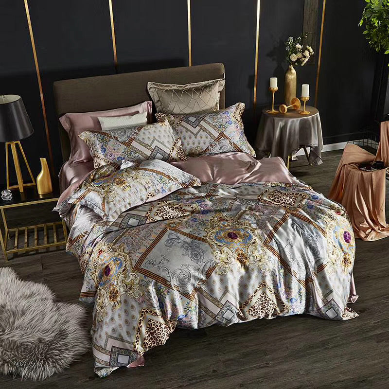 16 Momme Silver Jewel Printed Silk Bedding Set - image 1