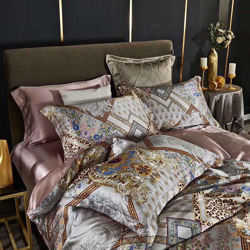 16 Momme Silver Jewel Printed Silk Bedding Set - image 2