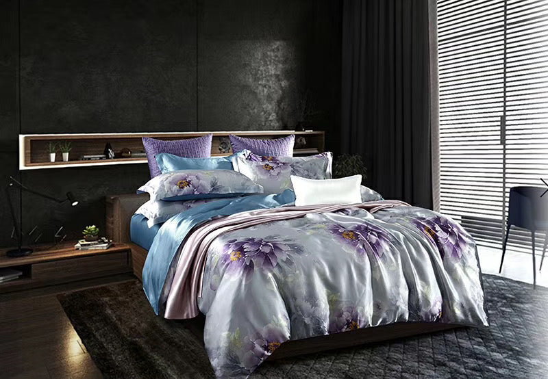 16 Momme Watercolor Peony Printed Silk Bedding Set - image 1