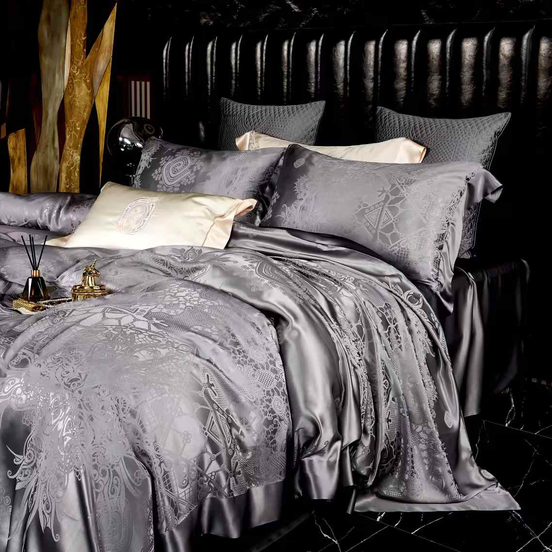 19 Momme Blue Gray Jacquard Silk Bedding Set