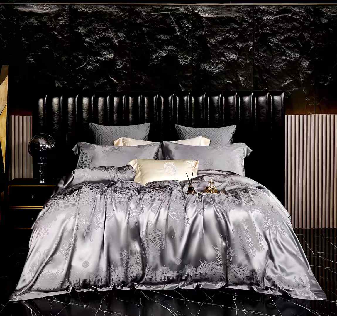 19 Momme Blue Gray Jacquard Silk Bedding Set