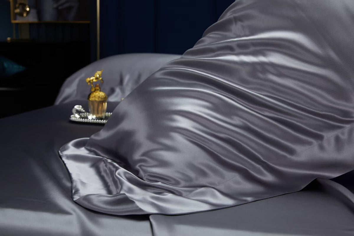 Bluish Gray silk pillowcase detail