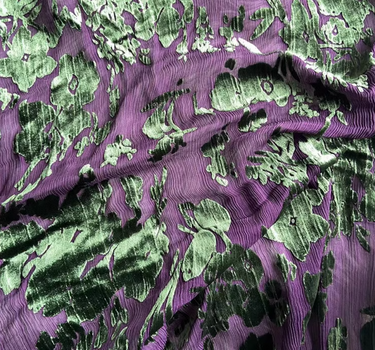 VTOUSH - Purple Base and Green Floral Burnout Pattern Paisley Printing Silk Velvet Fabric - 120cm wide by the Yard