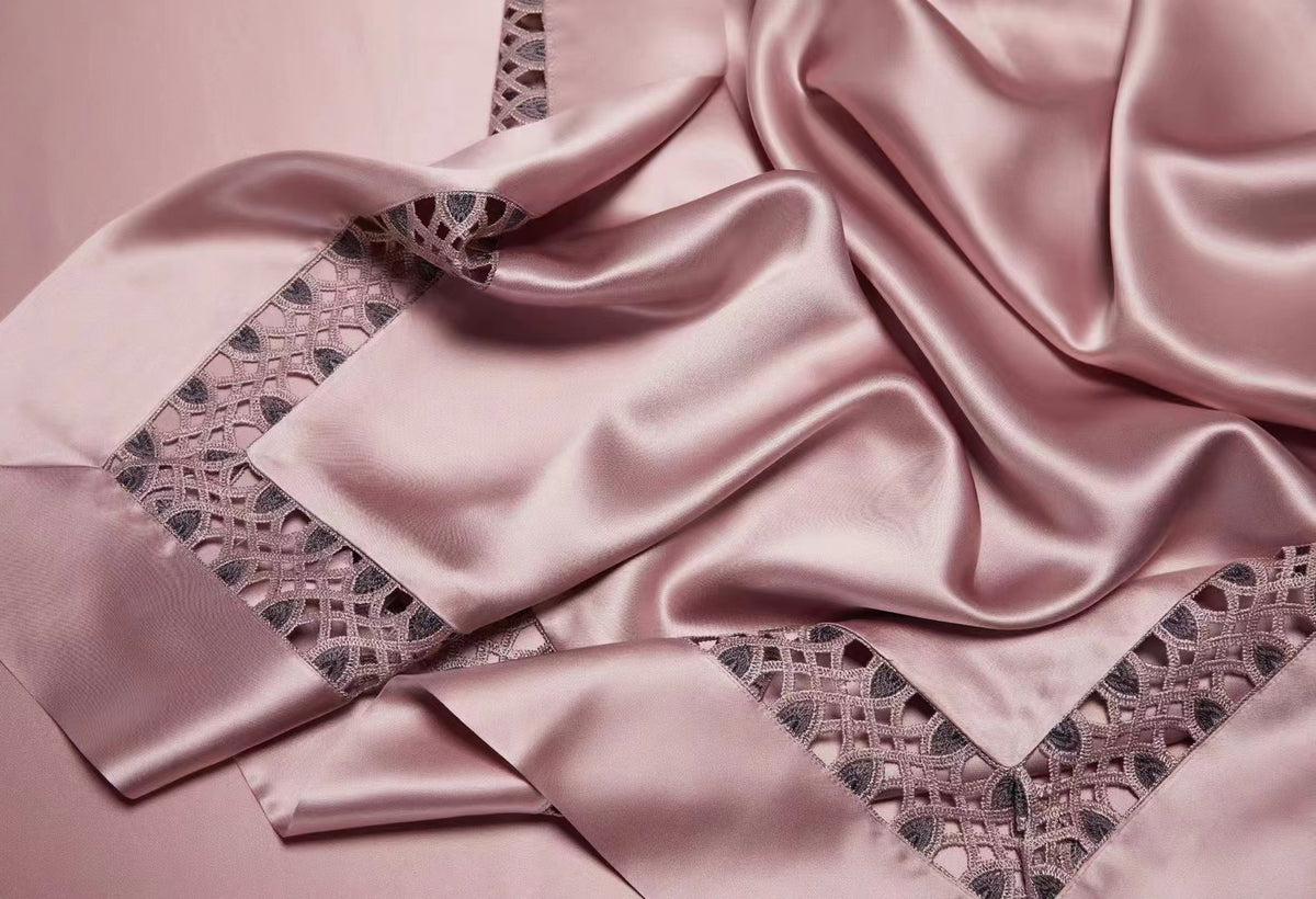 Anna Pink 25 Momme lace silk bedding set