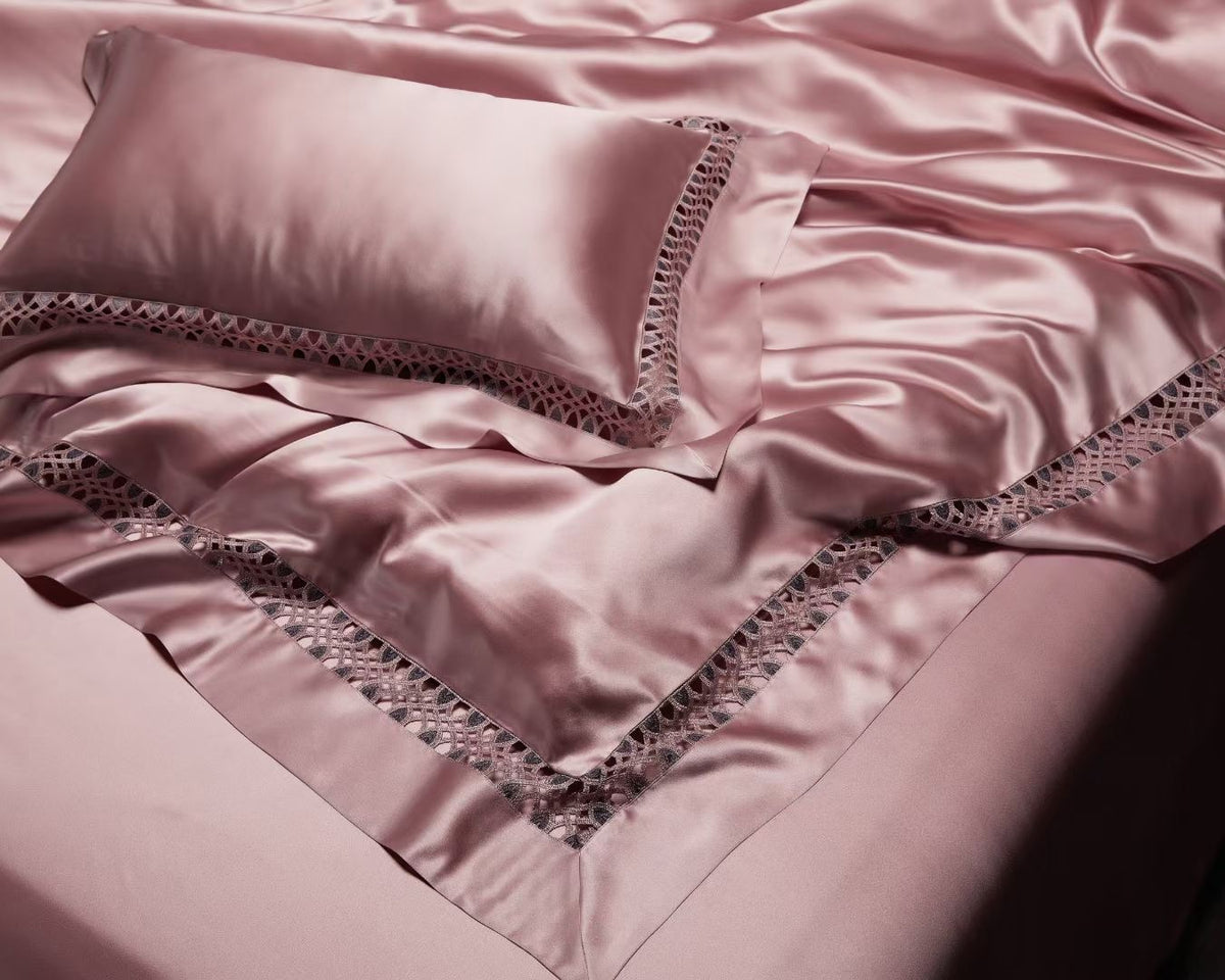 Anna Pink 25 Momme lace silk bedding set