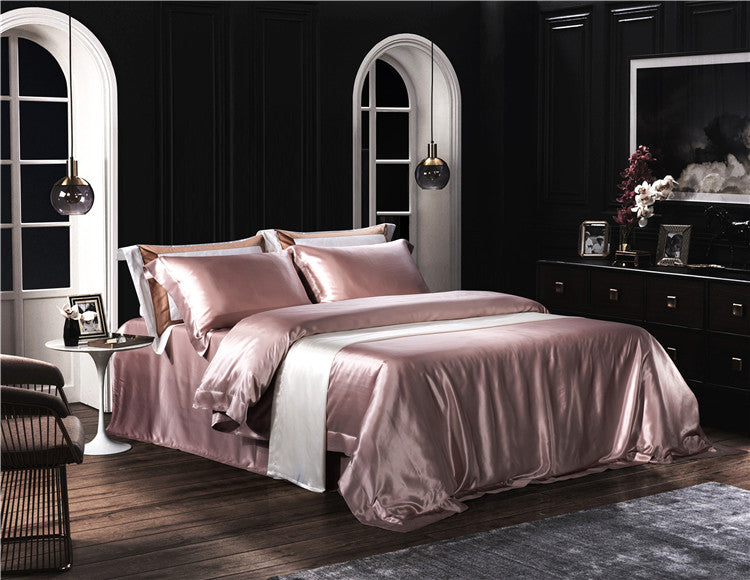 25 Momme Anna Pink Silk Bedding Set — Bedroom view