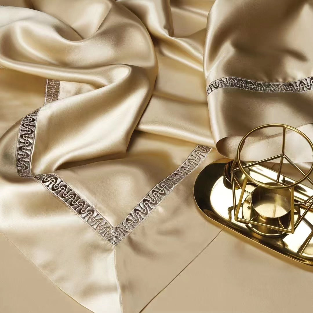 Champagne Gold 25 Momme lace silk bedding set
