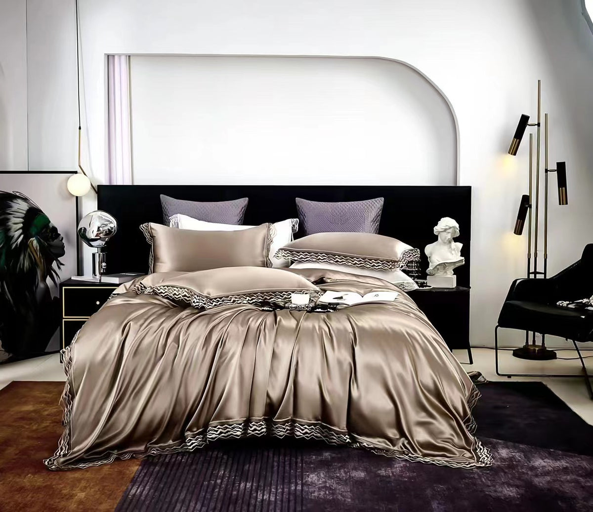 Dark Gold 25 Momme lace silk bedding set