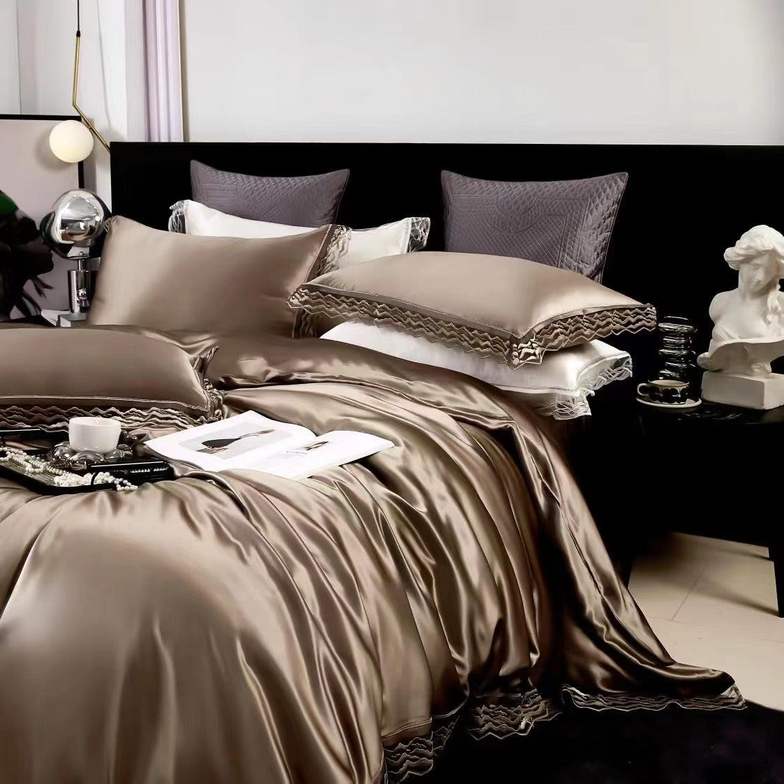 Dark Gold 25 Momme lace silk bedding set