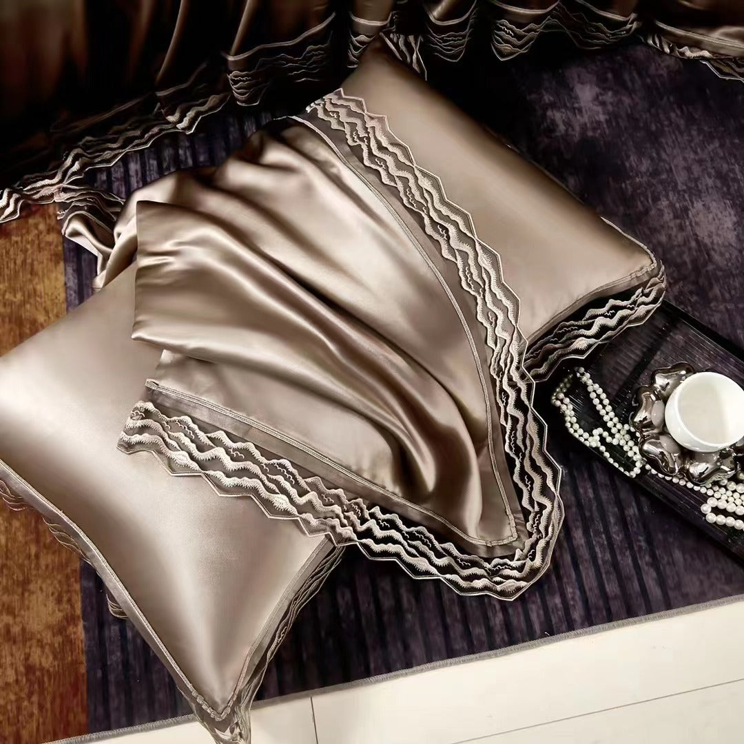 Dark Gold 25 Momme lace silk bedding set