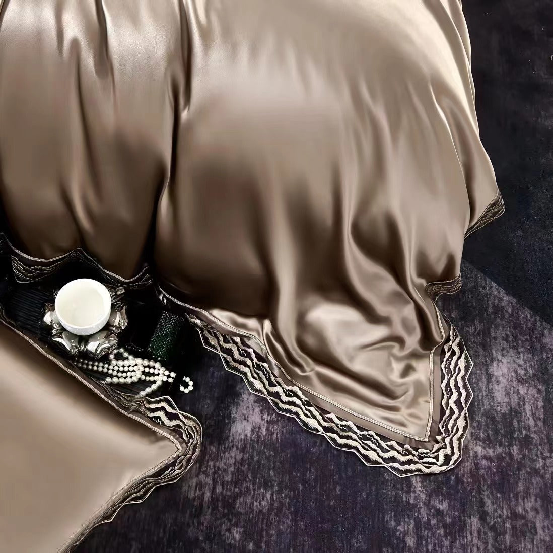 Dark Gold 25 Momme lace silk bedding set