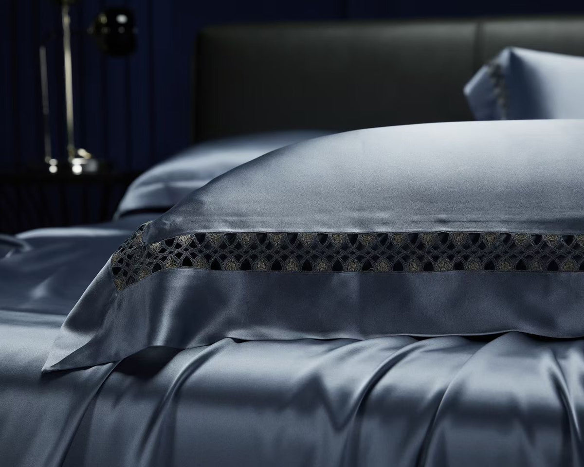 Dusty Blue 25 Momme lace silk bedding set