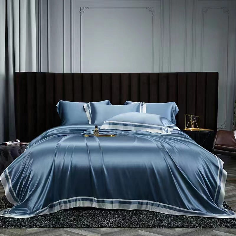 25 Momme Dusty Blue Wide-Border Silk Bedding Set