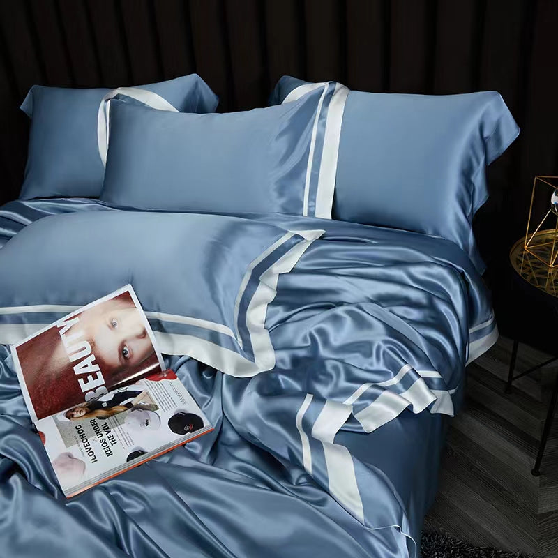 25 Momme Dusty Blue Wide-Border Silk Bedding Set