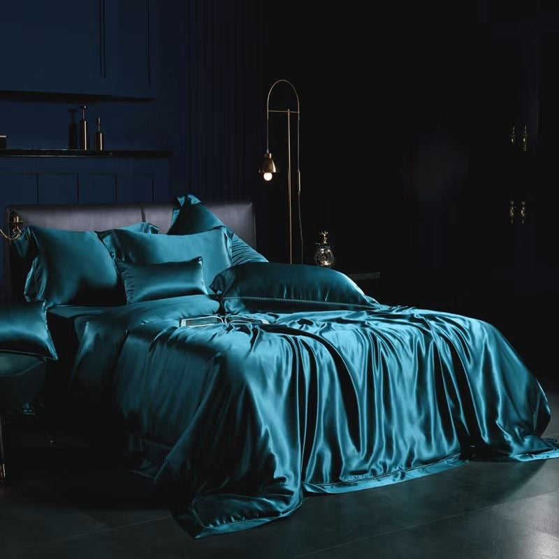 Peacock Blue 25 Momme lace silk bedding set