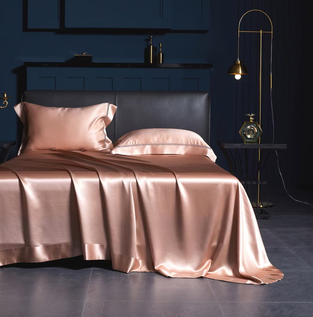 Sweet Pink 25 Momme lace silk bedding set