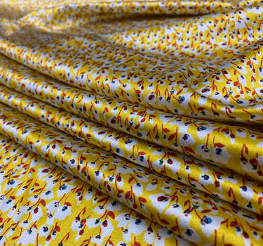 YELSUA - 19 Momme Yellow Background with Small Florals Pattern Digital Print Stretch Silk Satin Fabric - 135cm wide by the Yard