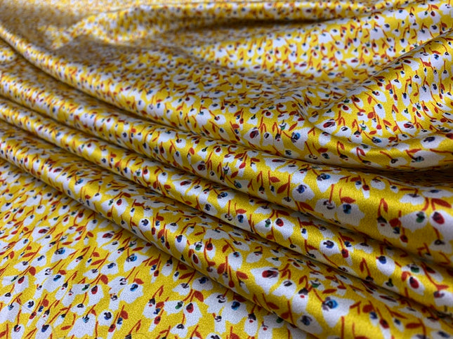 YELSUA - 19 Momme Yellow Background with Small Florals Pattern Digital Print Stretch Silk Satin Fabric - 135cm wide by the Yard