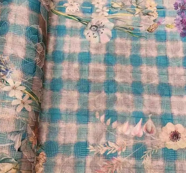 SUXMIG - Handmade 25 Momme HUALUO Blue Checkered Daisy Pattern Jacquard Mud Silk Fabric (Openwork texture) - 114cm by the Yard