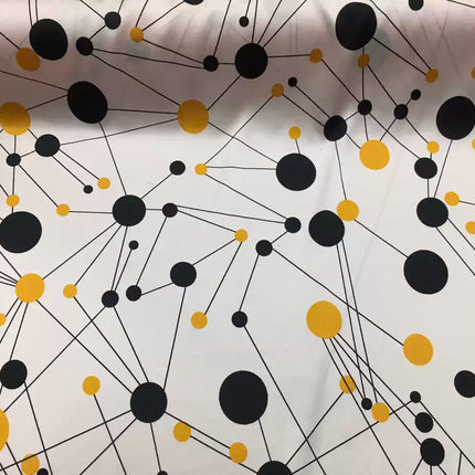 BADHEI - 19 Momme Irregular Lines of Black and Yellow Dots on White Background Pattern Digital Print Stretch Silk Satin Fabric - 108cm wide by the Yard