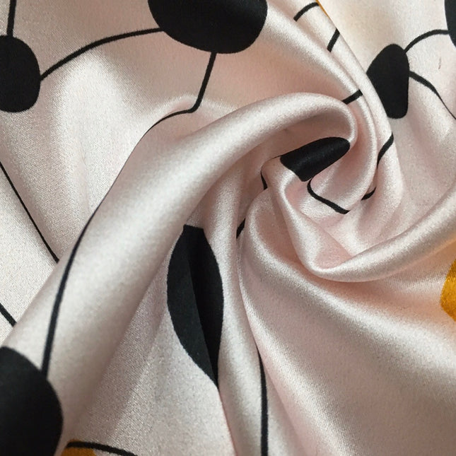 BADHEI - 19 Momme Irregular Lines of Black and Yellow Dots on White Background Pattern Digital Print Stretch Silk Satin Fabric - 108cm wide by the Yard