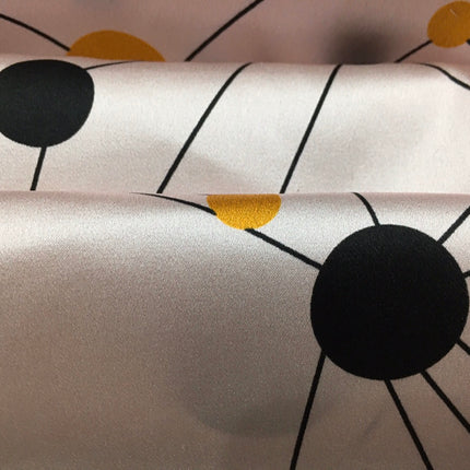 BADHEI - 19 Momme Irregular Lines of Black and Yellow Dots on White Background Pattern Digital Print Stretch Silk Satin Fabric - 108cm wide by the Yard