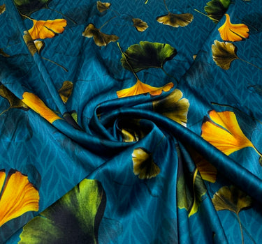 BAOLYX - 19 Momme Retro Style Royal Blue Ginkgo Leaves Pattern Digital Print Stretch Silk Satin Fabric - 108cm wide by the Yard