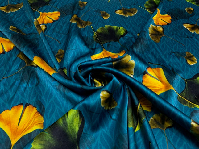 BAOLYX - 19 Momme Retro Style Royal Blue Ginkgo Leaves Pattern Digital Print Stretch Silk Satin Fabric - 108cm wide by the Yard