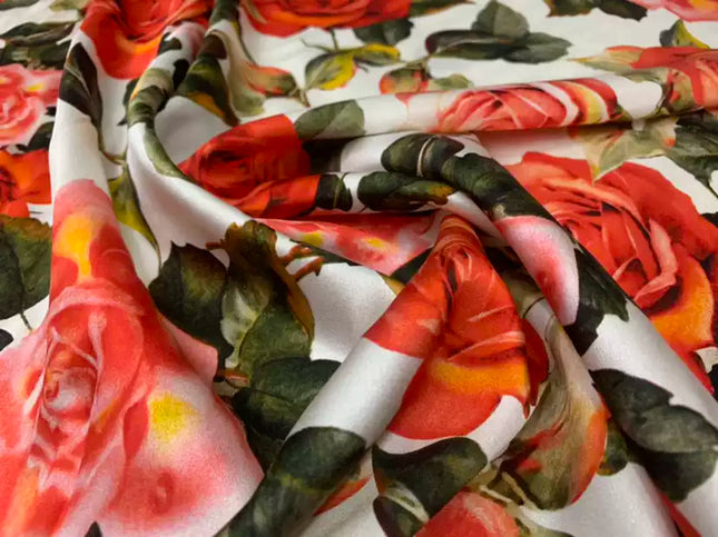 BIMEIG - 19 Momme Big Rose  Pattern Digital Print Stretch Silk Satin Fabric - 108cm wide by the Yard