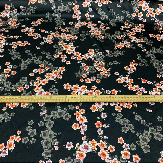 BLAMEI - 19 Momme Black Background Plum Blossom Pattern Digital Print Stretch Silk Satin Fabric - 108cm wide by the Yard