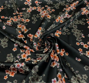 BLAMEI - 19 Momme Black Background Plum Blossom Pattern Digital Print Stretch Silk Satin Fabric - 108cm wide by the Yard