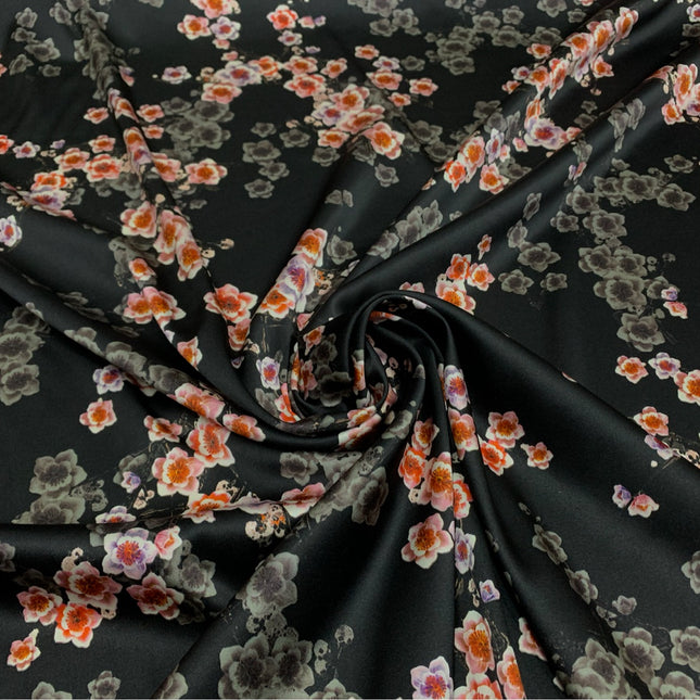 BLAMEI - 19 Momme Black Background Plum Blossom Pattern Digital Print Stretch Silk Satin Fabric - 108cm wide by the Yard