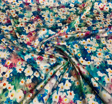 BLUEFA - 19 Momme Small Blue Florals Pattern Digital Print Stretch Silk Satin Fabric - 108cm wide by the Yard