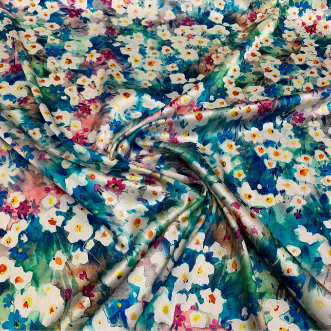 BLUEFA - 19 Momme Small Blue Florals Pattern Digital Print Stretch Silk Satin Fabric - 108cm wide by the Yard