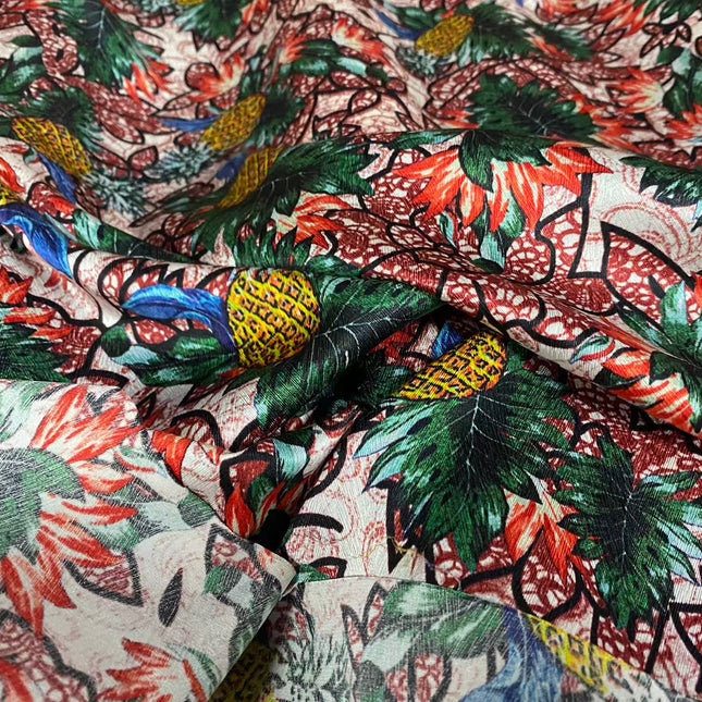 BOLUOY - 22 Momme Pineapple Romantic Floral Pattern Digital Print Stretch Silk Satin Fabric - 108cm wide by the Yard