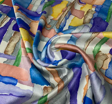 CANTIA - 28 Momme Colored Rectangle Pattern Digital Print Stretch Silk Satin Fabric - 114cm wide by the Yard