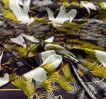 CHFENX - 19 Momme Beautiful Crane Pattern Digital Print Stretch Silk Satin Fabric - 140cm wide by the Yard